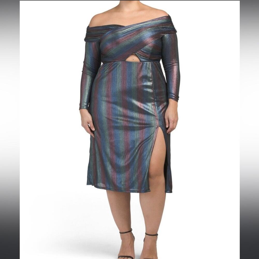 Eloquii Crisscross Bodice Off The Shoulder Metallic Cutout  Rainbow Dress NWOT